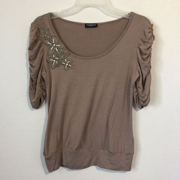 Perseption Petite Taupe Beaded Embellished Top - Picture 1 of 6